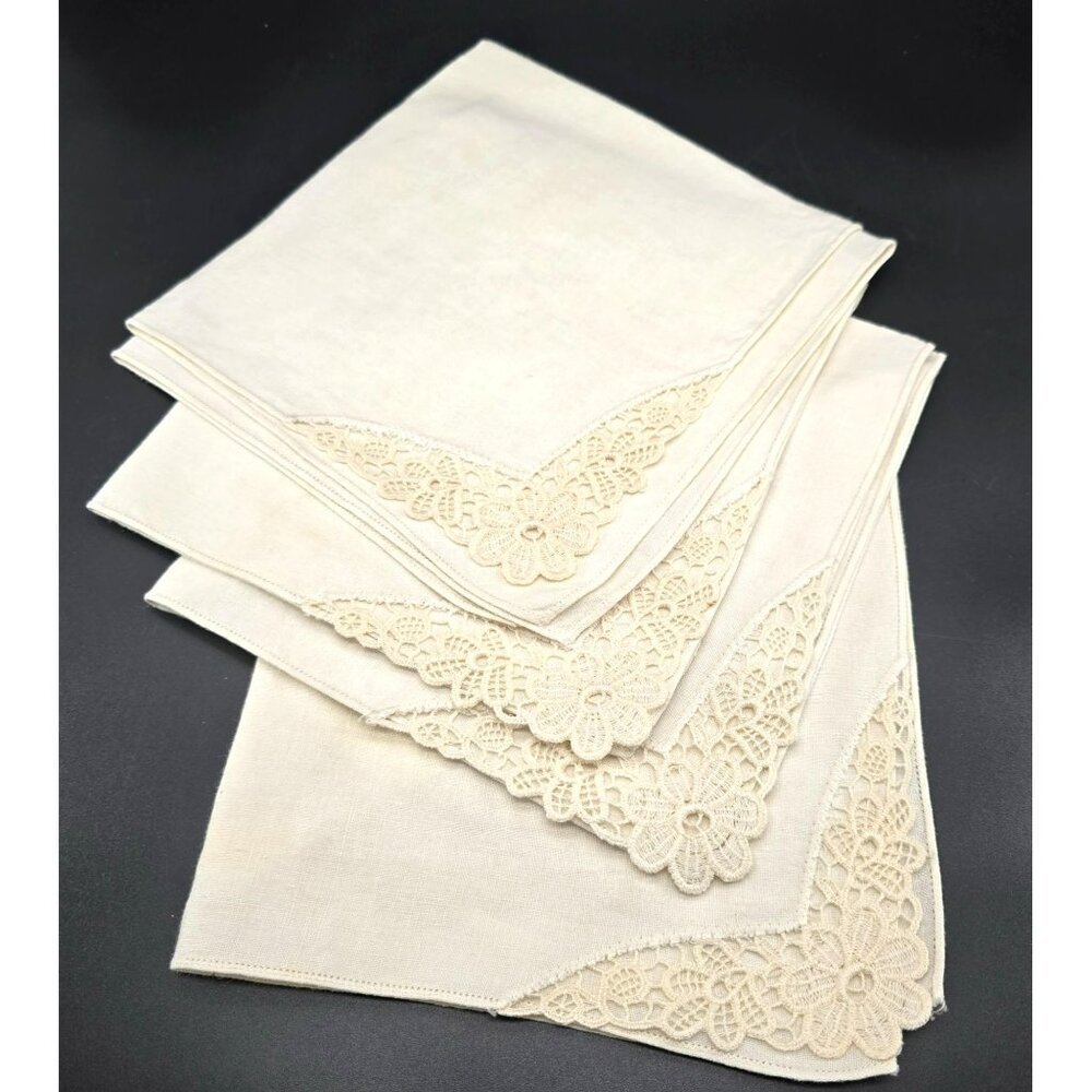 Vintage Cream Linen Napkins With Intricate Lace Floral Corners Set Of 4 JJ3964